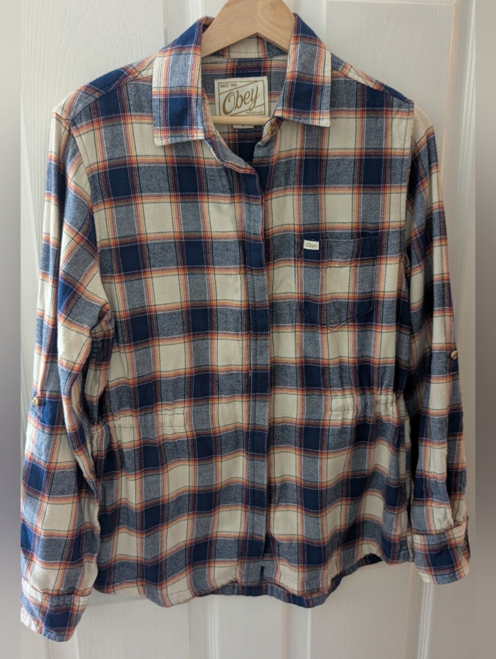Obey Women's Navy and Cream Plaid Button-Down w/ Inside Cinching Drawstring